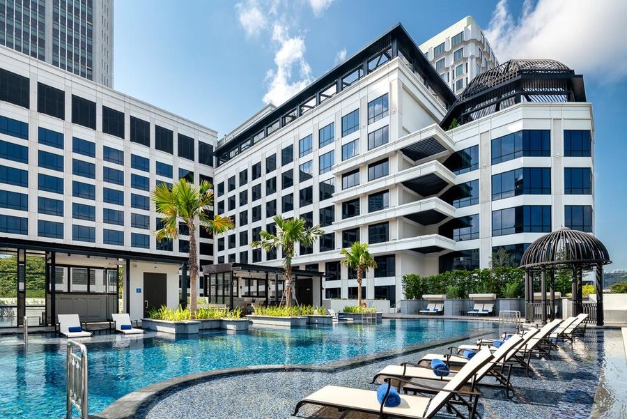 Grand Park City Hall — pool and facade