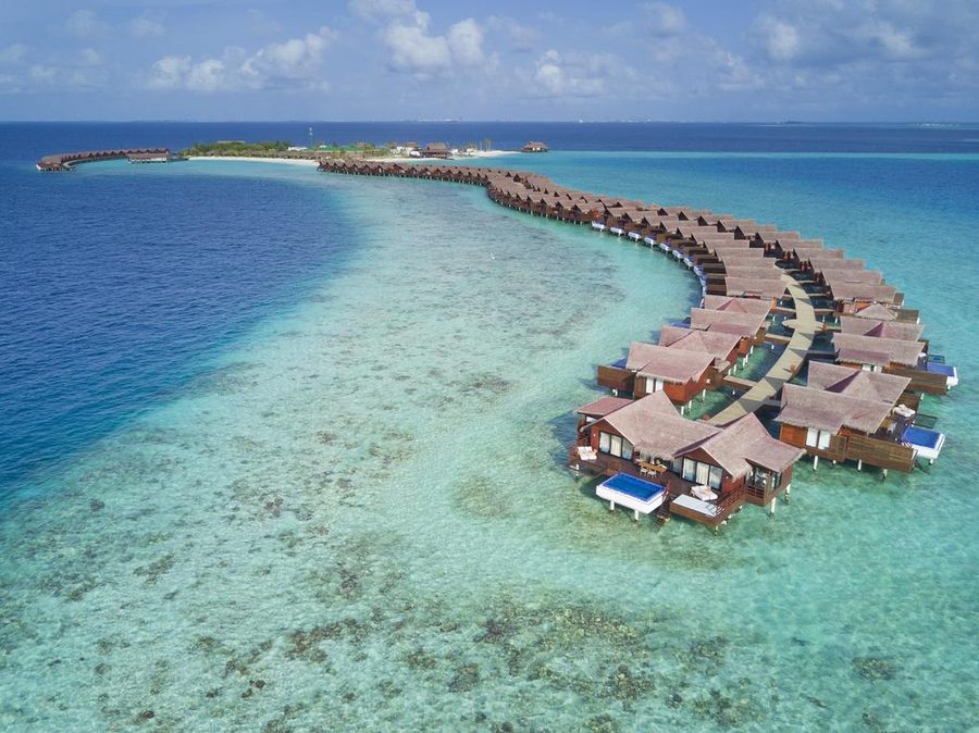 Grand Park Maldives — aerial of the overwater villas