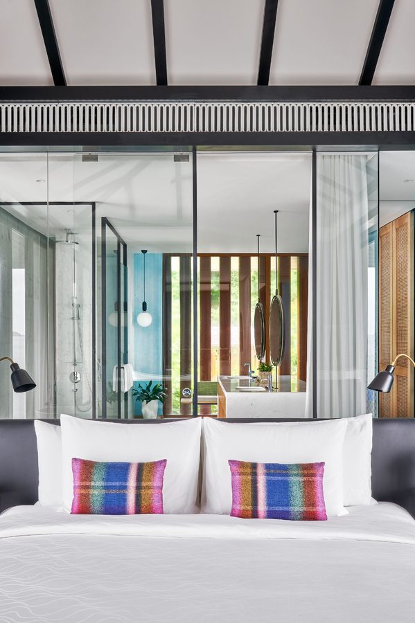 Khem Beach Resort — bedroom and glazed bathroom